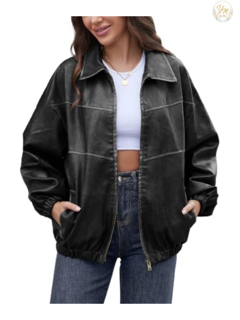 Women's Oversized Faux Leather Motorcycle Jacket Y2K Vintage Bomber Coat